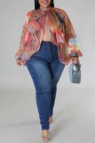 Red Casual Print Patchwork Turtleneck Plus Size Tops