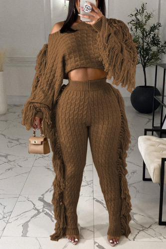 Coffee Street Solid Tassel Patchwork O Neck Long Sleeve Two Pieces