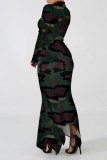 Camouflage Casual Print Asymmetrical Half A Turtleneck Long Dress Dresses