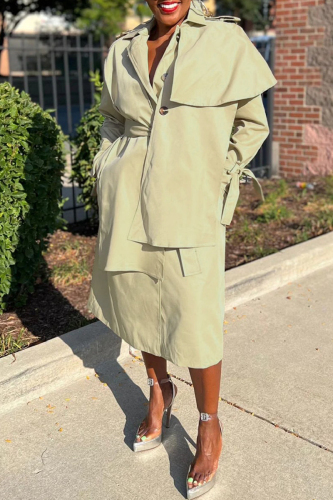 Khaki Casual Solid Patchwork With Belt Turndown Collar Outerwear