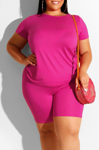 Rose Red Casual Solid Patchwork O Neck Plus Size Two Pieces