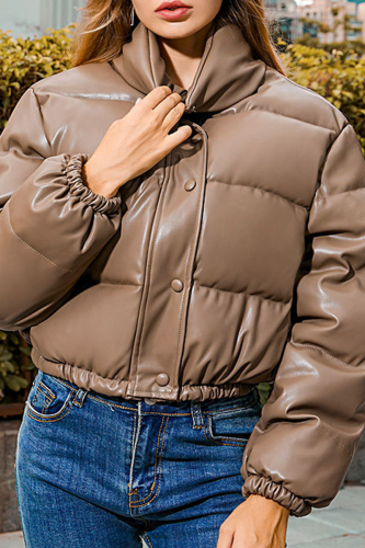 Coffee Casual Solid Patchwork Mandarin Collar Outerwear