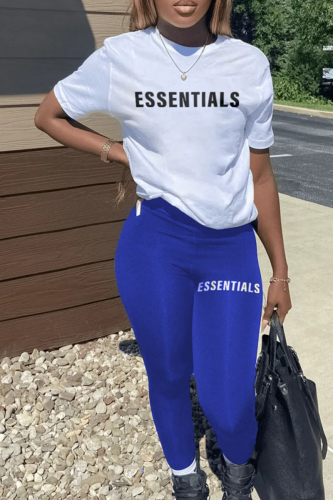 Blue Casual Letter Patchwork O Neck Short Sleeve Two Pieces