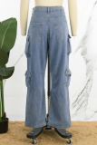 Blue Casual Solid Patchwork High Waist Regular Denim Jeans