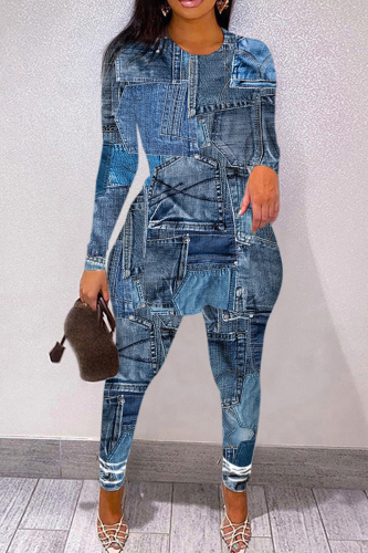 Blue Casual Print Patchwork Slit O Neck Long Sleeve Two Pieces