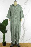 Green Street Print Buttons V Neck Loose Jumpsuits