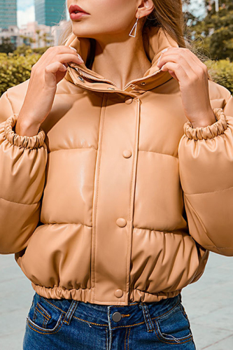 Khaki Casual Solid Patchwork Mandarin Collar Outerwear