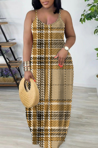 Dark Khaki Sexy Casual Print Backless Spaghetti Strap Long Dress Dresses