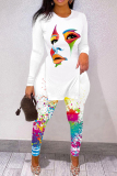 Colour Casual Print Patchwork Slit O Neck Long Sleeve Two Pieces