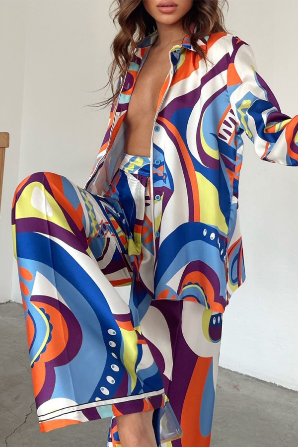 Celebrities Elegant Geometric Print Patchwork Turndown Collar Long Sleeve Two Pieces main image 0