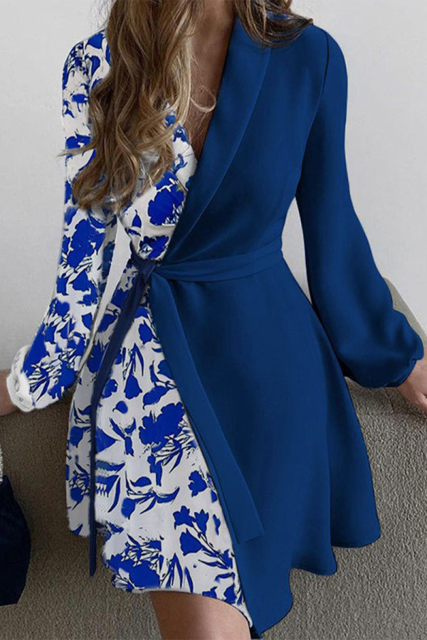 Dark Blue Elegant Print Frenulum Turn-back Collar A Line Dresses
