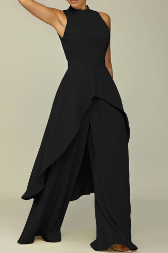 Black Elegant Solid Patchwork Pleated Halter Long Sleeve Two Pieces