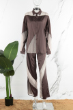 Brown Casual Patchwork See-through Contrast Turndown Collar Long Sleeve Two Pieces