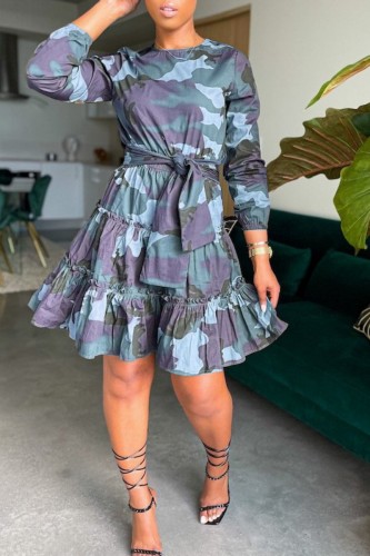 Blue Casual Camouflage Print Patchwork O Neck Long Sleeve Dresses