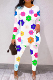 Multicolor Casual Print Patchwork Slit O Neck Long Sleeve Two Pieces