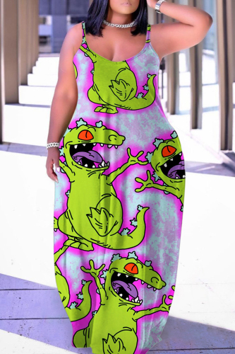Light Purple Sexy Casual Cartoon Print Backless Spaghetti Strap Long Dress Plus Size Dresses