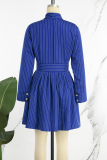 Black Casual Striped Patchwork Pleated Turndown Collar Long Sleeve Dresses