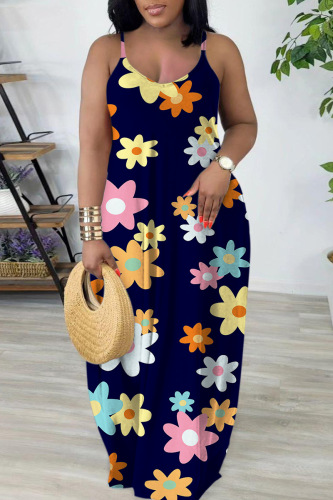 Dark Blue Sexy Casual Print Backless Spaghetti Strap Long Dress Dresses