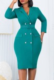Green Casual Solid Patchwork With Belt Turndown Collar Long Sleeve Dresses