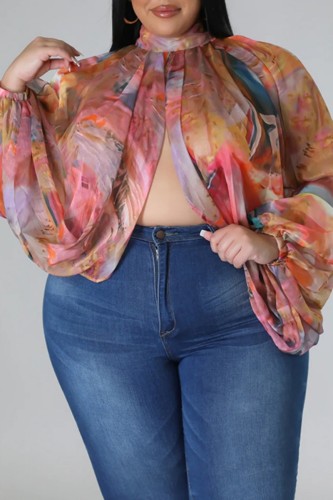 Colour Casual Print Patchwork Turtleneck Plus Size Tops