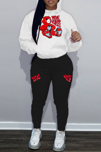 White Casual Print Basic Hooded Collar Long Sleeve Two Pieces