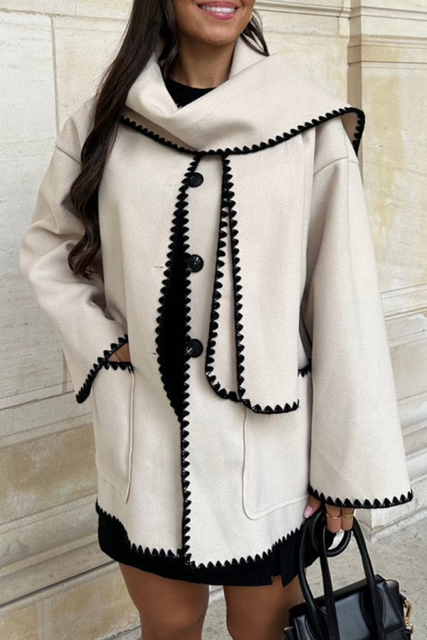 White Casual British Style Solid Buttons Contrast Scarf Collar Outerwear