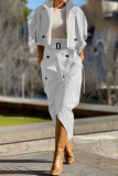 White British Style Elegant Solid Pocket Buttons Turndown Collar Long Sleeve Two Pieces