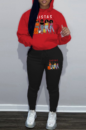 Red Black Casual Print Basic Hooded Collar Long Sleeve Two Pieces