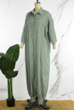 Green Street Print Buttons V Neck Loose Jumpsuits