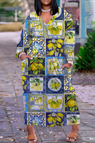 Blue Yellow Casual Print Patchwork V Neck Long Sleeve Dresses