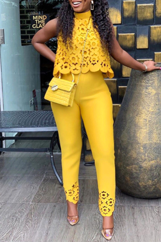 Yellow Casual Solid Hollowed Out Half A Turtleneck Sleeveless Two Pieces
