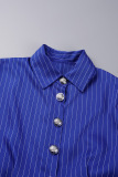 Royal Blue Casual Striped Patchwork Pleated Turndown Collar Long Sleeve Dresses