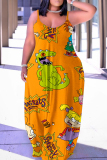 Multicolor Sexy Casual Cartoon Print Backless Spaghetti Strap Long Dress Plus Size Dresses