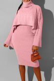Pink Elegant Solid Patchwork Turtleneck Long Sleeve Two Pieces