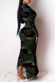 Camouflage Casual Print Asymmetrical Half A Turtleneck Long Dress Dresses