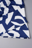 Blue Casual Print Patchwork Off the Shoulder Printed Dress Plus Size Dresses