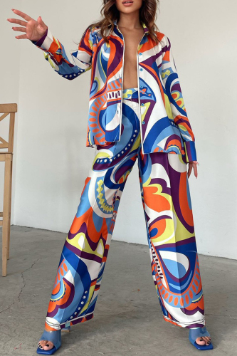 Blue Casual Geometric Printing Turndown Collar Long Sleeve Two Pieces