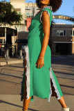 Green Street Solid Patchwork High Opening V Neck Long Dress Dresses