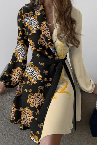 Black Elegant Print Frenulum Turn-back Collar A Line Dresses