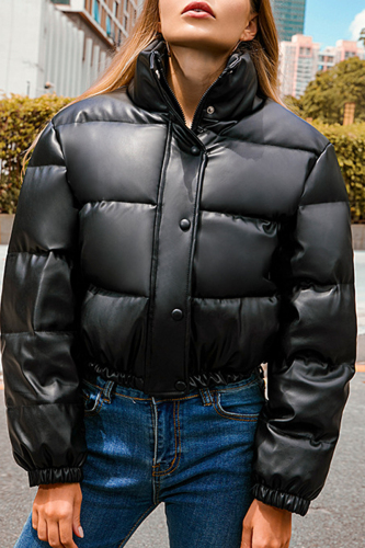 Black Casual Solid Patchwork Mandarin Collar Outerwear