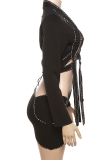 Black Sexy Solid Hollowed Out Patchwork Hot Drill Asymmetrical Collar Long Sleeve Two Pieces