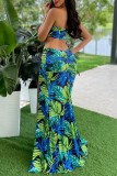 Green Sexy Print Hollowed Out Backless Slit Spaghetti Strap Long Dress Dresses