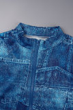 Blue Casual Print Patchwork Turndown Collar Plus Size Jumpsuits