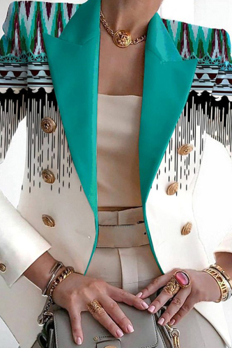 Green Casual Print Patchwork Cardigan Turn-back Collar Outerwear