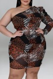 Red Sexy Print Backless Oblique Collar Plus Size Dresses