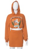 Orange Casual Print Basic Hooded Collar Long Sleeve Two Pieces