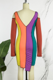 Multicolor Casual Patchwork Frenulum Contrast U Neck Long Sleeve Dresses
