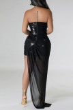 Black Sexy Formal Patchwork Sequins Patchwork Backless Strapless Evening Dress Dresses