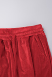 Red Casual Solid Patchwork Draw String Pocket Regular Mid Waist Conventional Solid Color Bottoms