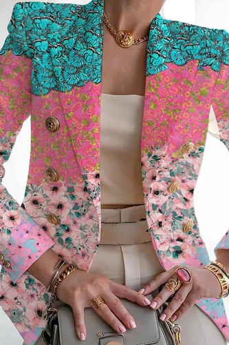 Multicolor Casual Print Patchwork Cardigan Turn-back Collar Outerwear